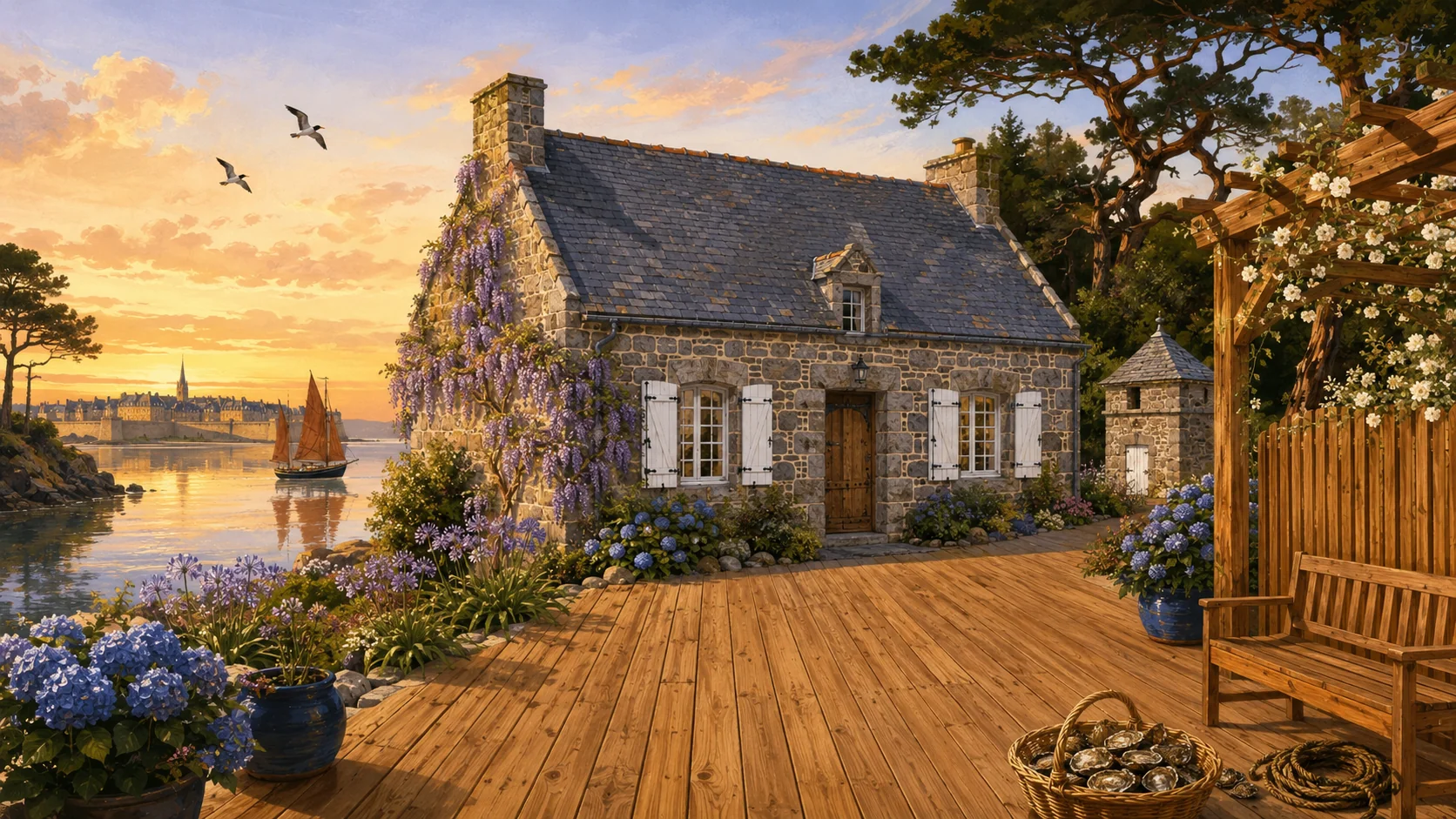 Illustration paysagère du dépôt avec terrasse en bois et clôture